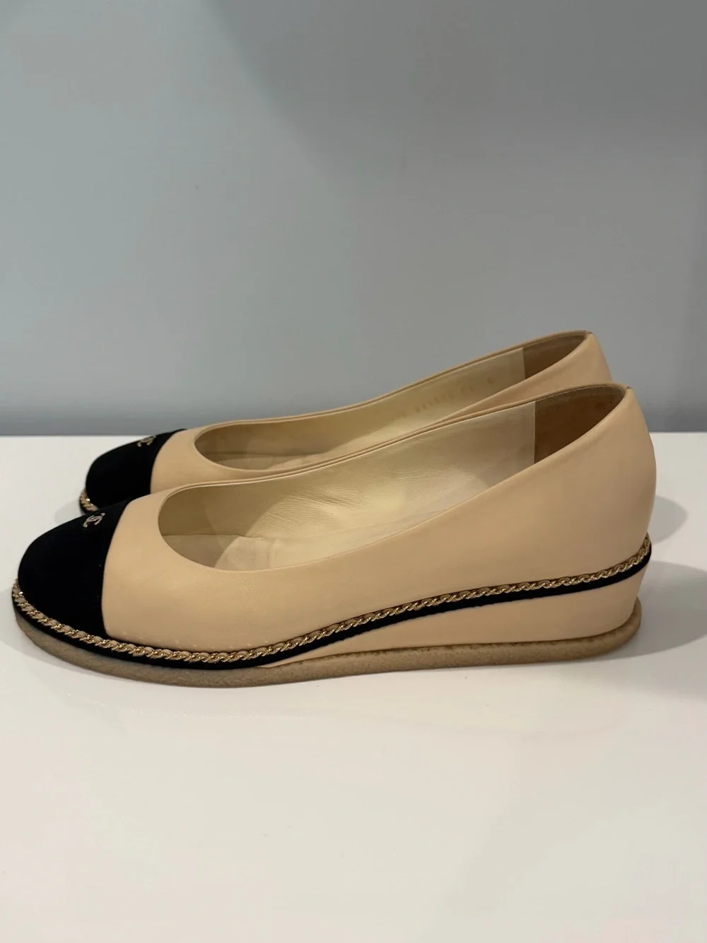 CHANEL Beige and Black Cap-Toe Chain-Trim Wedges